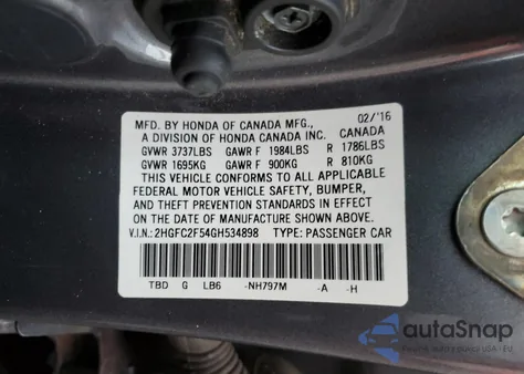 2016 Honda Civic Lx из США, поврежденный, VIN 2HGFC2F54GH534898